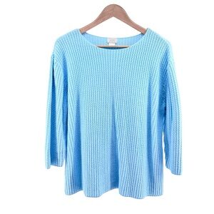 Vintage ALPS Textured Knit Sweater Sz L Light Blue Boatneck 3/4 Sleeve Ribbed